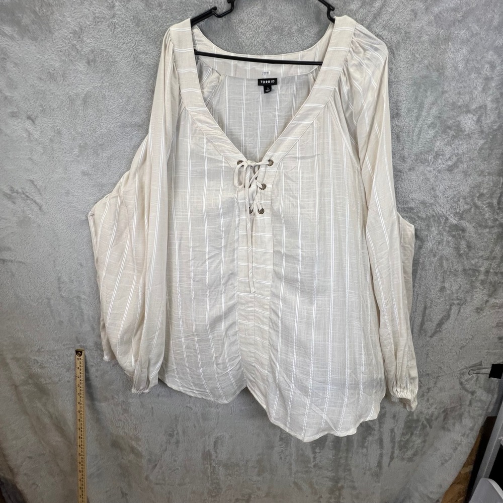 Torrid Beige Striped Lace Up Peasant Blouse Plus Size‎ 3 Cottagecore Airy Hippie
